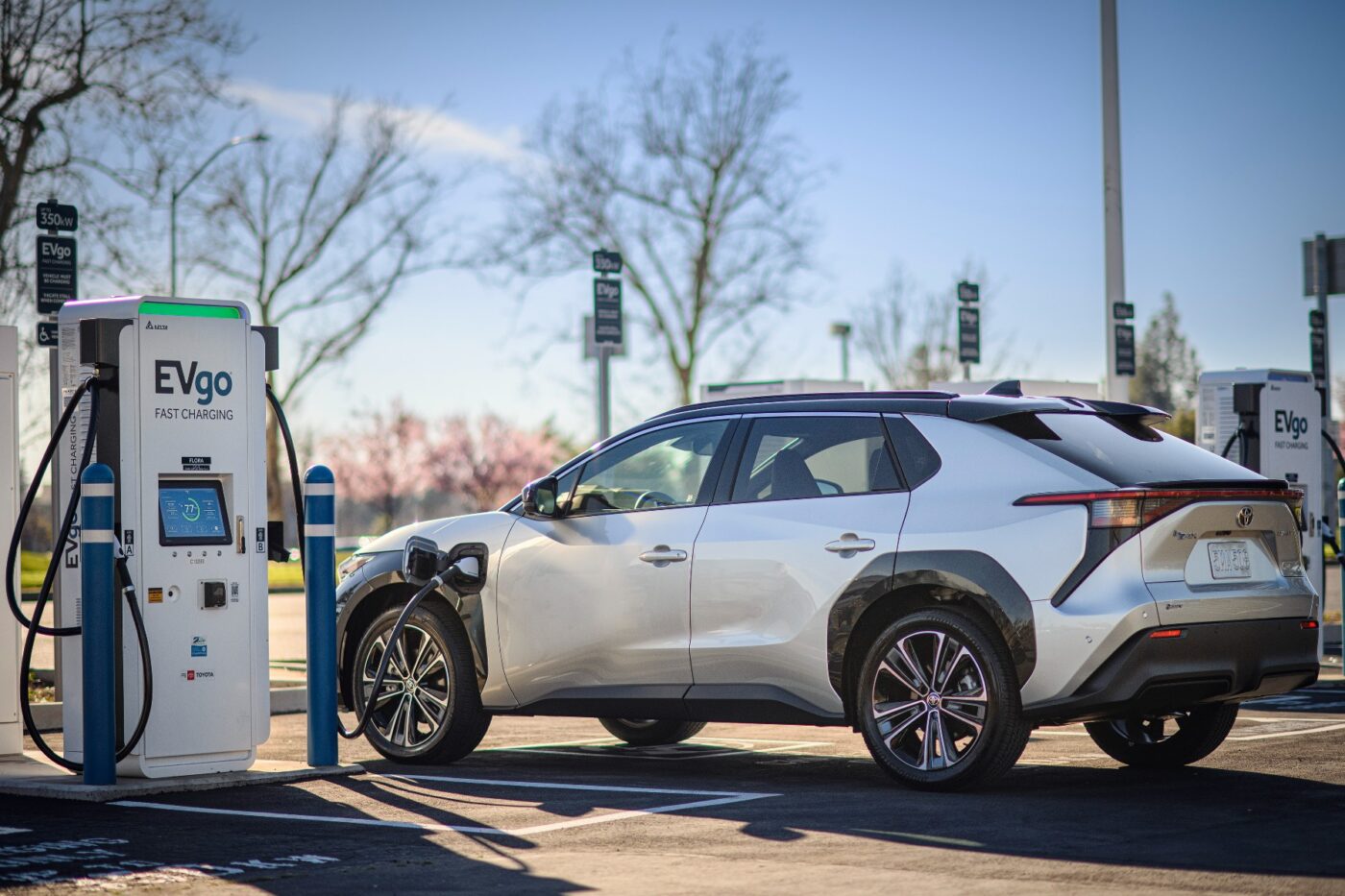 A Toyota bZ4X charging at an EVgo station